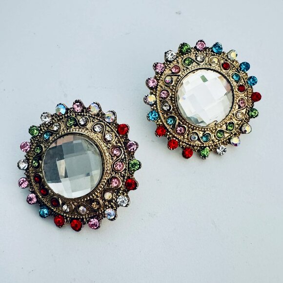 Gold Tone Round Pierced Earrings Multi-coloured Glass Stones - Picture 5 of 5